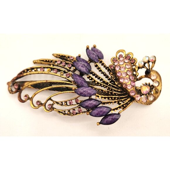 Vintage Brass Peacock Hair Clip With Purple & Pink Rhinestones - Picture 1 of 4